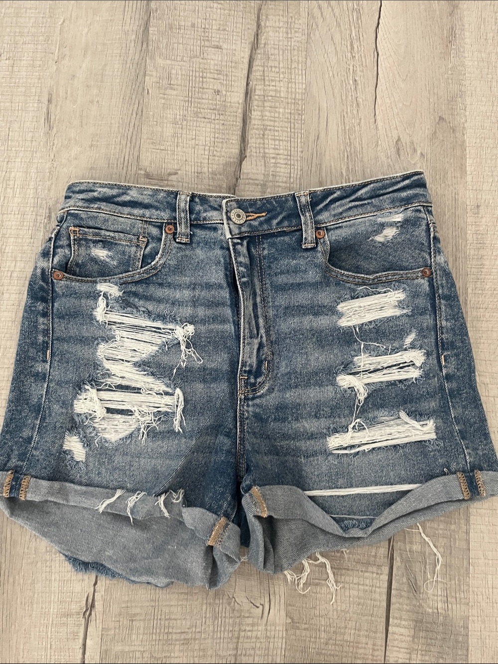 American Eagle Outfitters Distressed Rolled Cuff Denim Shorts - Blue